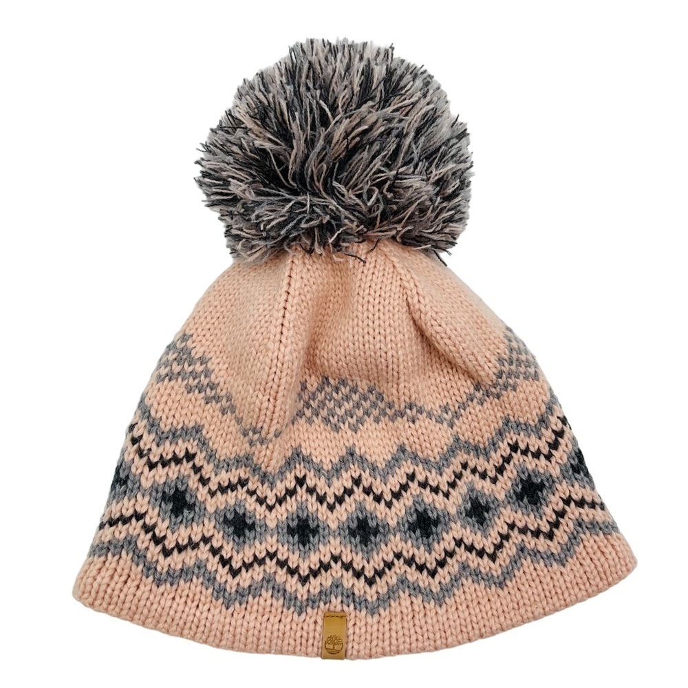 Timberland big pom pom beanie hat sweater knit fleece‎ lined pink size one size